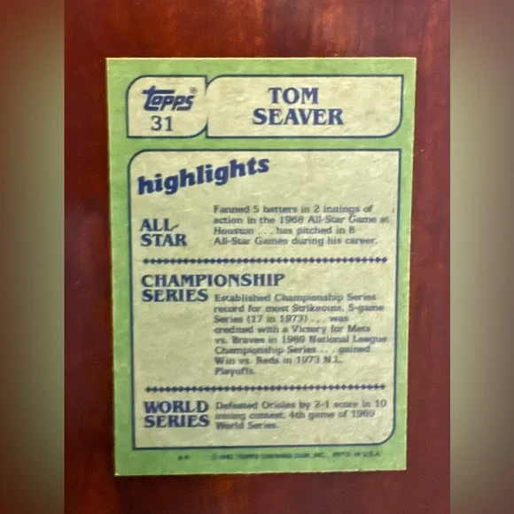 Rare 1982 Topps In-Action Blackless Tom Seaver #31 Baseball Card, MINT Condition